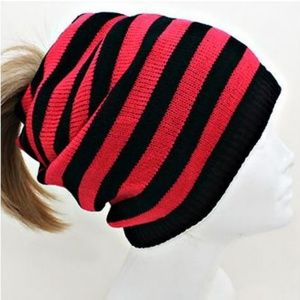 Red Striped Slouchy Ponytail Hole Beanie Cap Hat